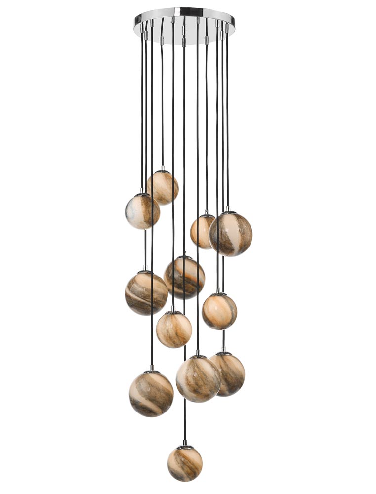 Dar Mikara 12 Light Long Drop Cluster Pendant Chrome Art Glass Globes