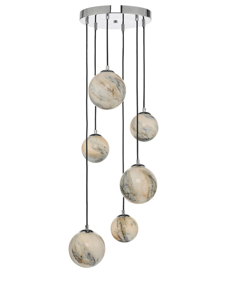 Dar Mikara 6 Light Multi Level Ceiling Pendant Chrome Art Glass Globes