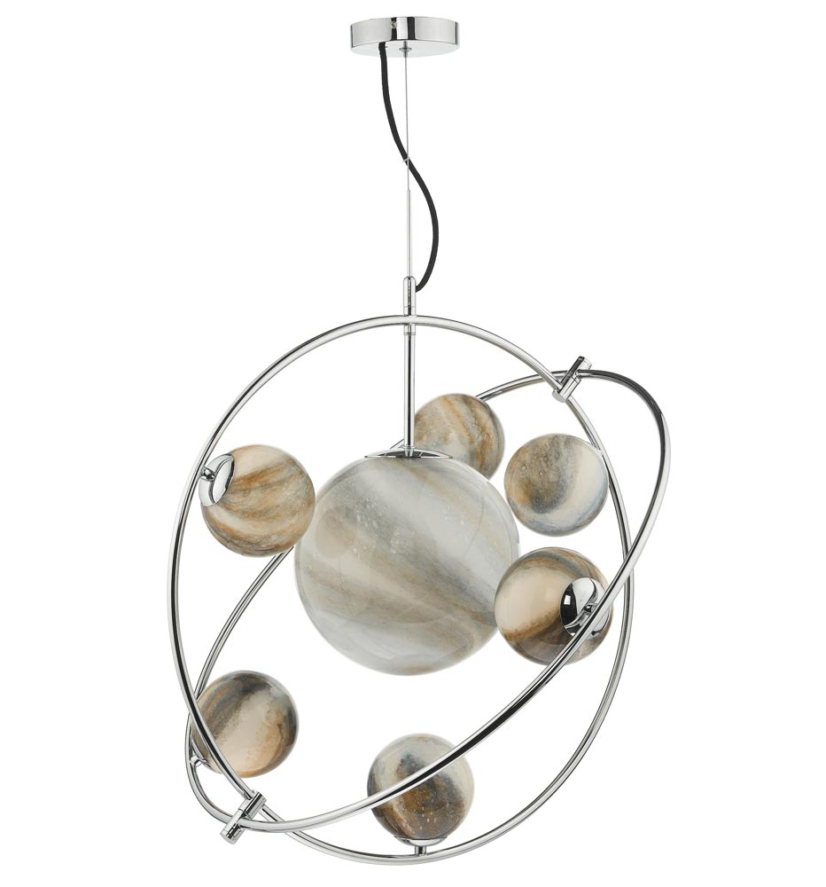 Dar Mikara 7 Light Pendant Ceiling Light Chrome Art Glass Planet Globes