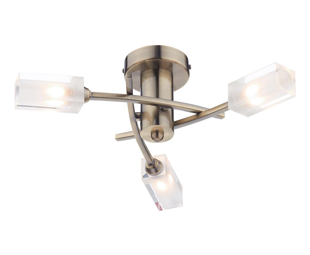 Dar Morgan Antique Brass Semi Flush Low Ceiling 3 Light Frosted Glass