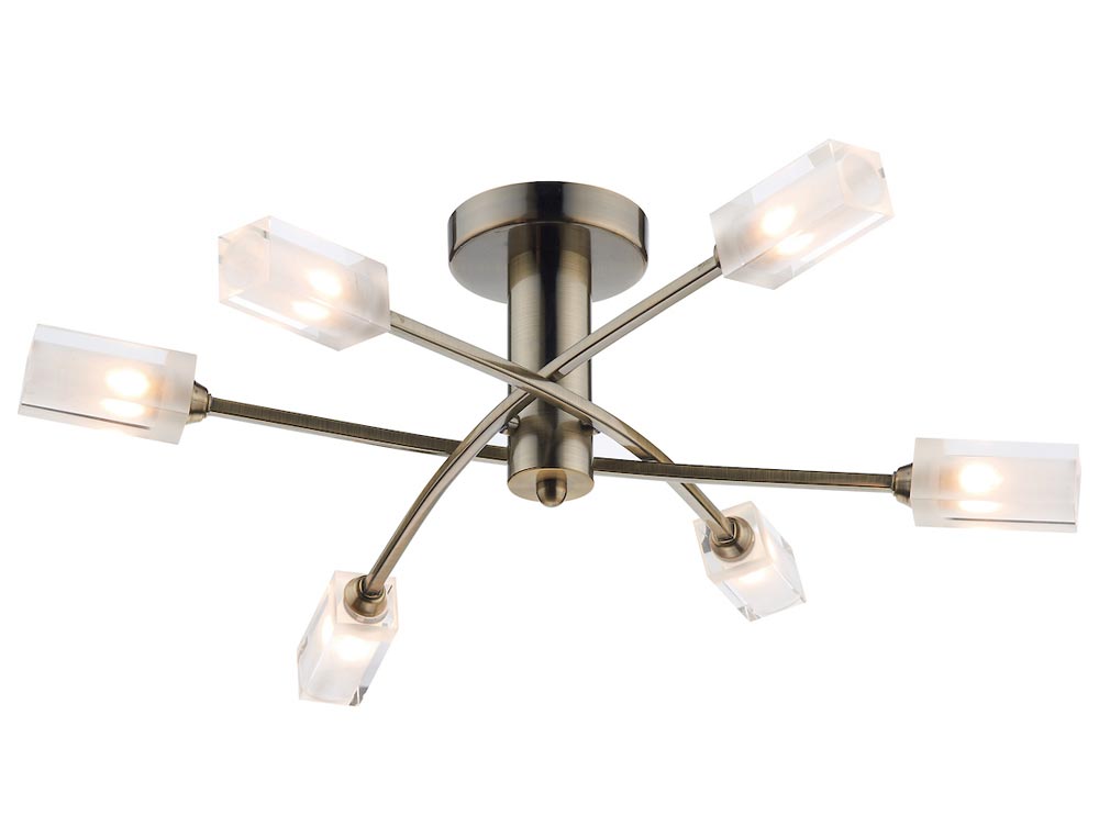 Dar Morgan Antique Brass Semi Flush Low Ceiling 6 Light Frosted Glass