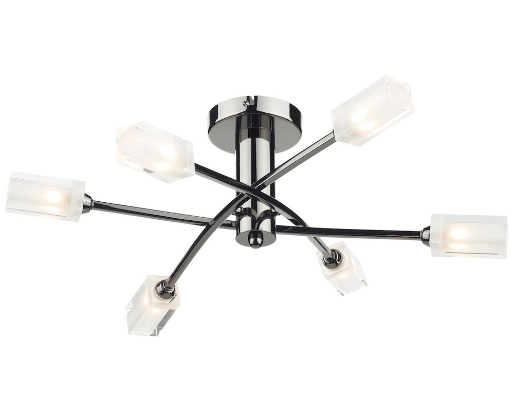 Dar Morgan Black Chrome Semi Flush Low Ceiling 6 Light Frosted Glass