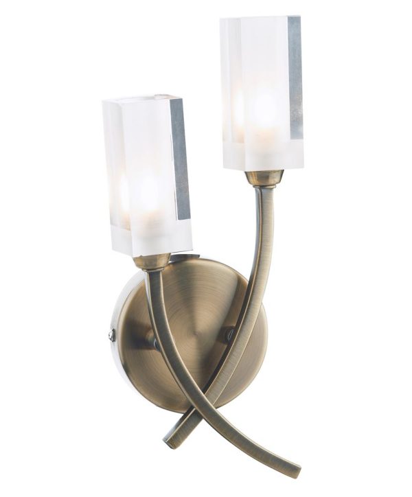 Dar Morgan Modern Antique Brass 2 Lamp Twin Wall Light Frosted Glass