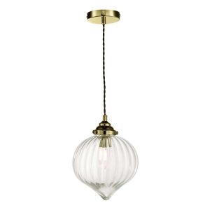 Dar Mya traditional 1 light pendant in antique brass, on white background lit