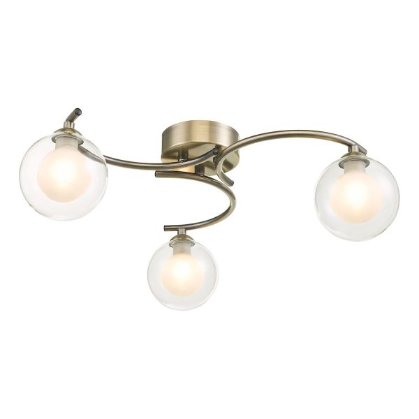 Dar Nakita 3 light flush ceiling light in antique brass with clear & opal glass main image