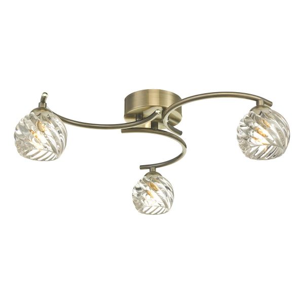 Dar Nakita 3 light flush ceiling light in antique brass with swirled glass main image