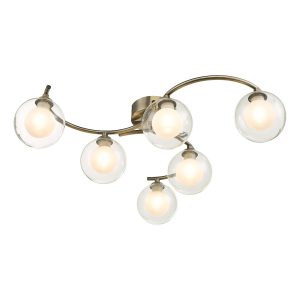 Dar Nakita 6 light flush ceiling light in antique brass with clear & opal glass main image