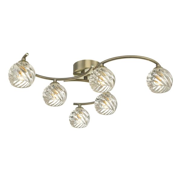 Dar Nakita 6 light flush ceiling light in antique brass with swirled glass main image