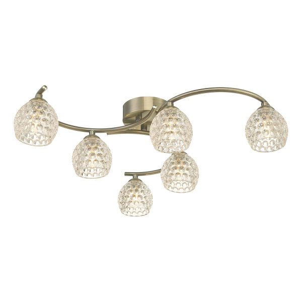 Dar Nakita 6 light flush ceiling light in antique brass with dimpled glass main image