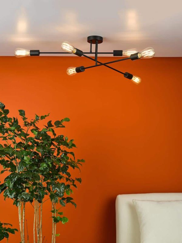 Dar Neve modern industrial 6 lamp flush ceiling light in matt black roomset
