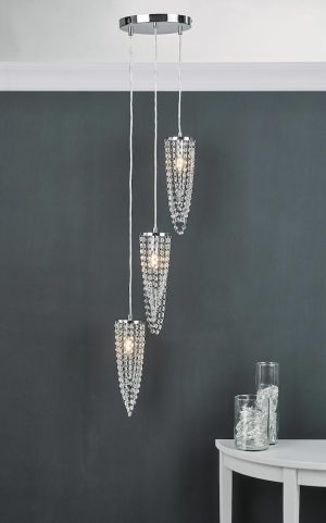 Dar Nuala 3 light cluster pendant in polished chrome with crystal shown over table