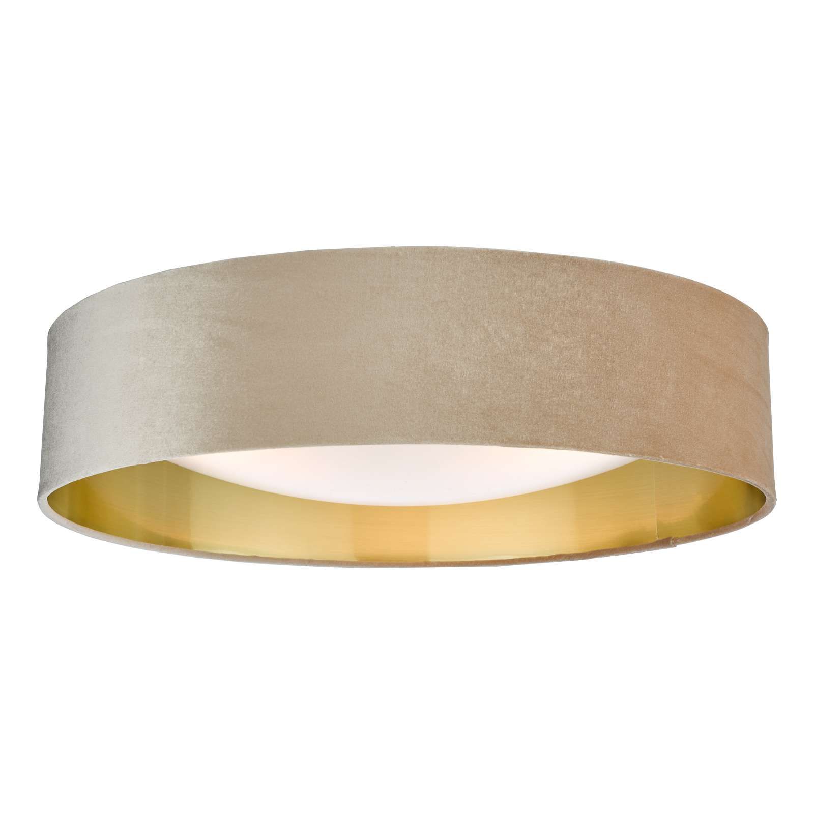 Dar Nysa Large 3 Lamp Flush Low Ceiling Light Taupe Velvet Opal Shade