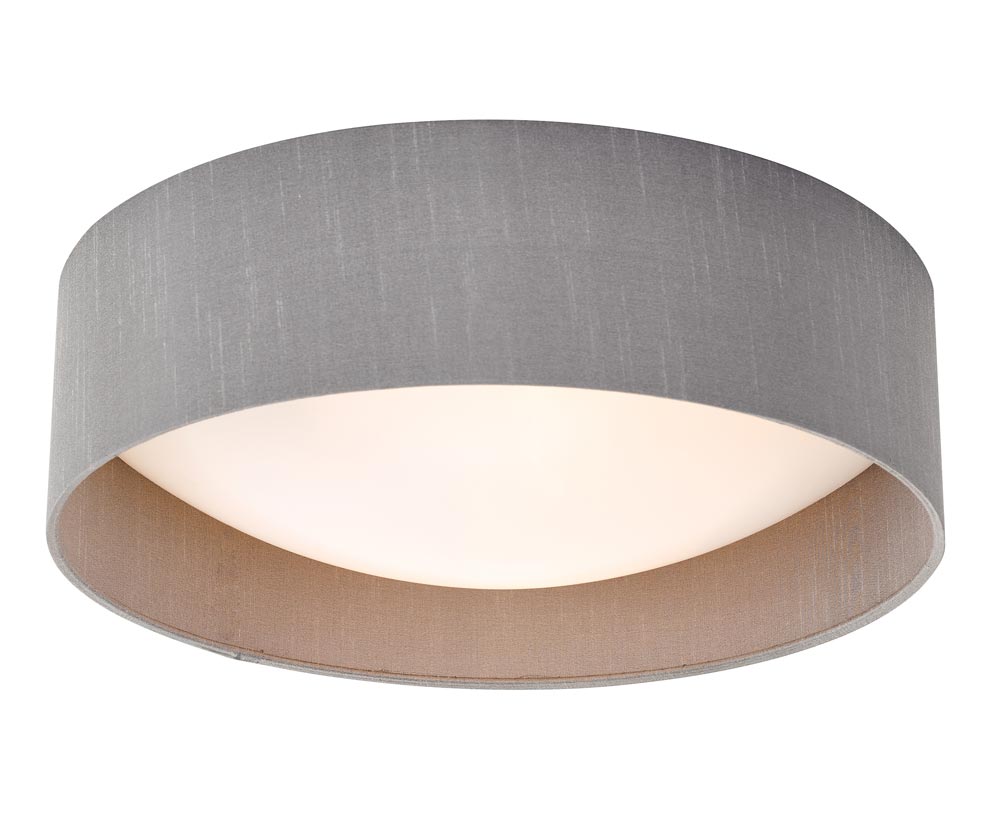 Dar Nysa 2 Lamp Flush Low Ceiling Light Grey Faux Silk Opal Shade