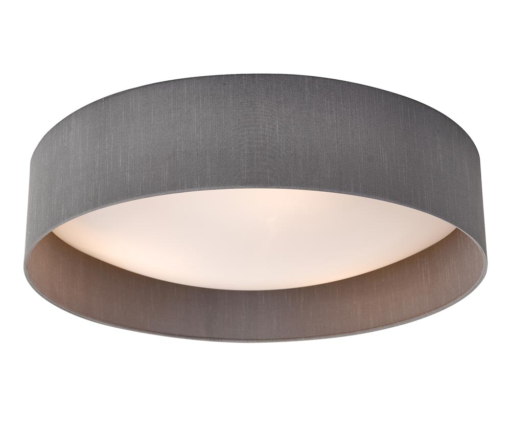 Dar Nysa 3 Lamp Flush Low Ceiling Light Grey Faux Silk Opal Shade