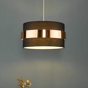 Dar Oki 38cm black cotton ceiling or table lamp shade with copper band roomset