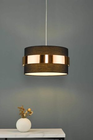 Dar Oki 38cm black cotton ceiling or table lamp shade with copper band roomset