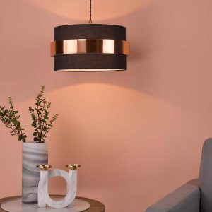 Dar Oki 38cm navy cotton ceiling or table lamp shade with copper band roomset