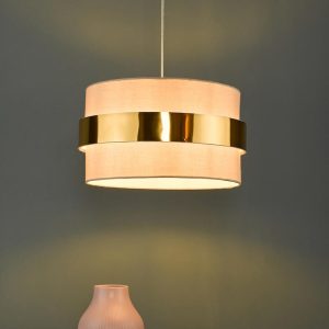 Dar Oki 38cm taupe cotton ceiling or table lamp shade with gold band roomset