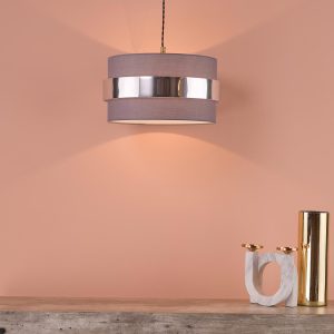 Dar Oki 38cm grey cotton ceiling or table lamp shade with chrome band roomset