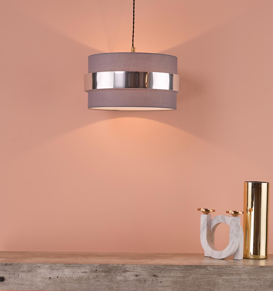 Dar Oki 38cm Grey Cotton Ceiling Lamp Shade With Chrome Band