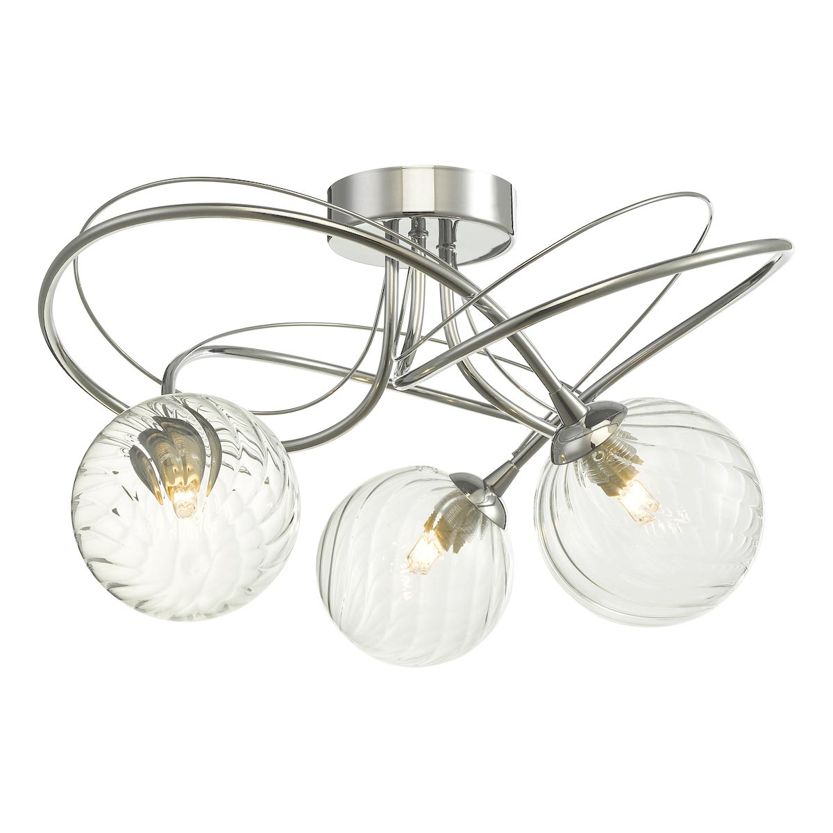 Dar Onawa 3 Light Semi Flush Low Ceiling Light Chrome Swirled Glass