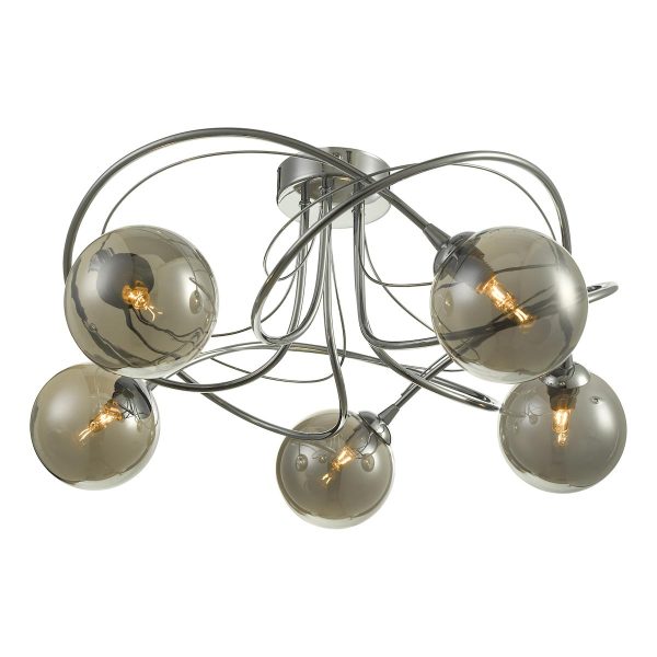 Dar Onawa 5 light semi flush ceiling light in polished chrome with smoked glass main image