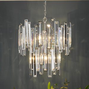 Dar Penelope 6 light crystal pendant chandelier in polished chrome lounge roomset
