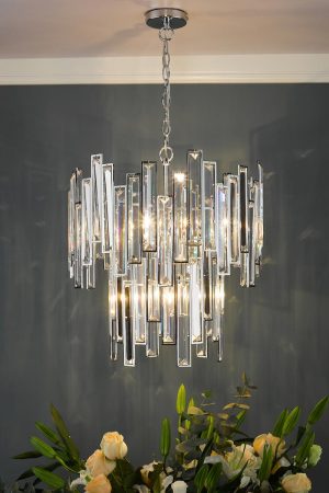 Dar Penelope 6 light crystal pendant chandelier in polished chrome lounge roomset