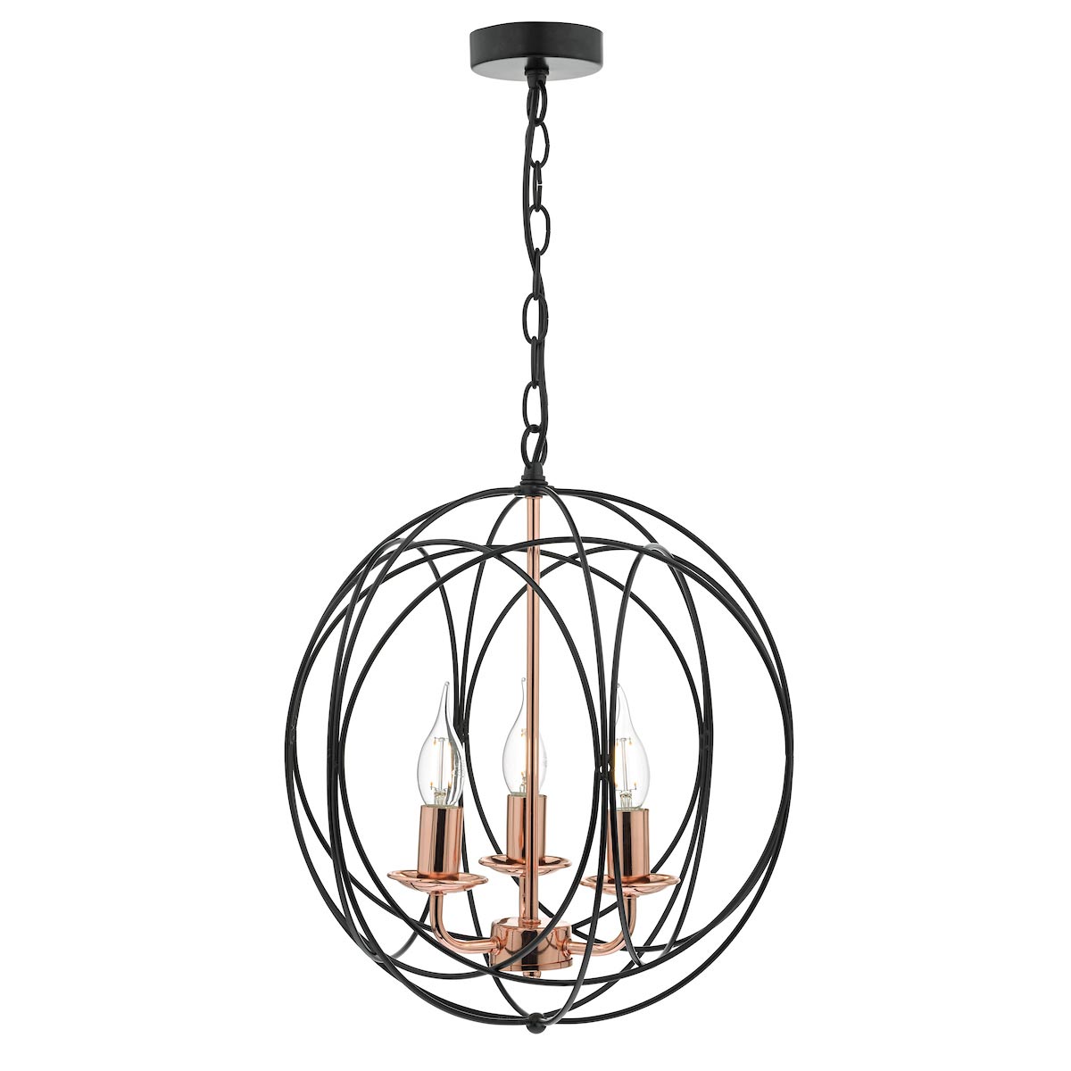 Dar Phoenix Matt Black 3 Light Pendant Ceiling Light Polished Copper