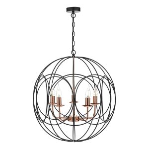 Dar Phoenix matt black 5 light pendant with polished copper main image