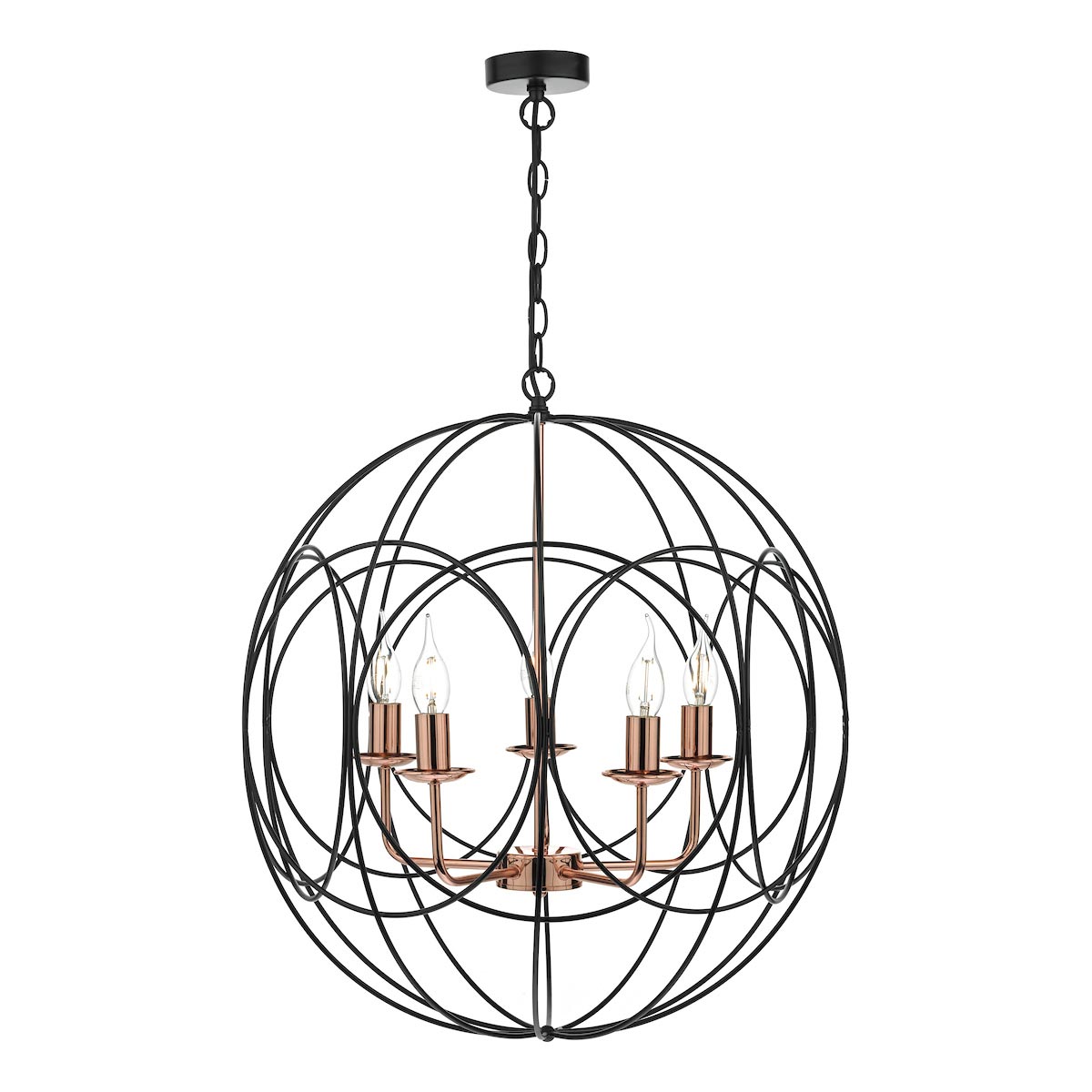 Dar Phoenix Matt Black 5 Light Pendant Ceiling Light Polished Copper