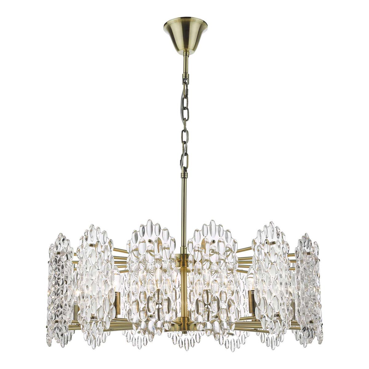 Dar Porthos 15 Light Chandelier Textured Glass Shades Antique Brass