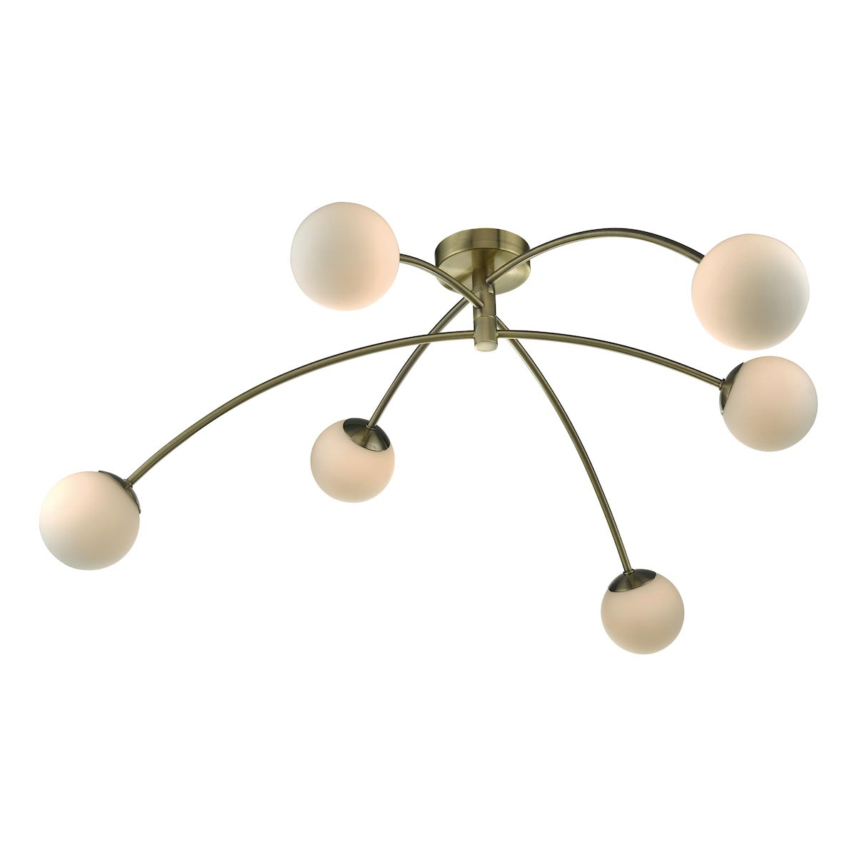 Dar Puglia 6 Lamp Semi Flush Ceiling Light Antique Brass Opal Glass