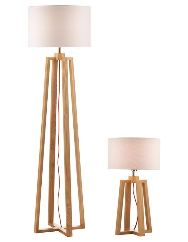 Dar Pyramid solid light wood floor & table lamp set white shades main image