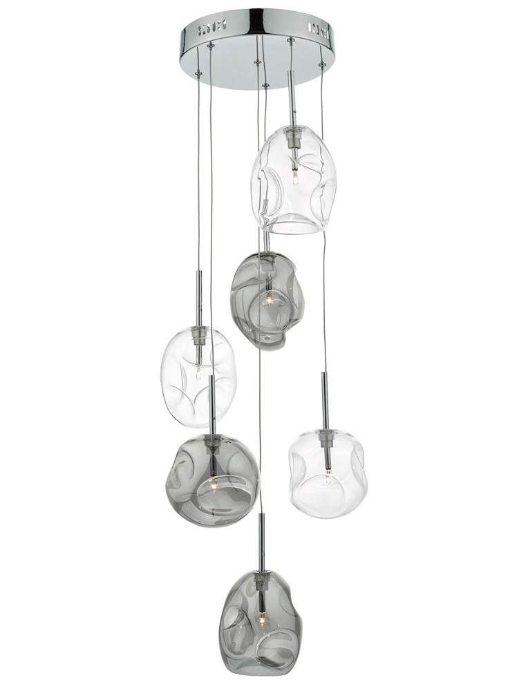 Dar Quinn Smoked And Clear Glass 6 Light Cluster Pendant Chrome
