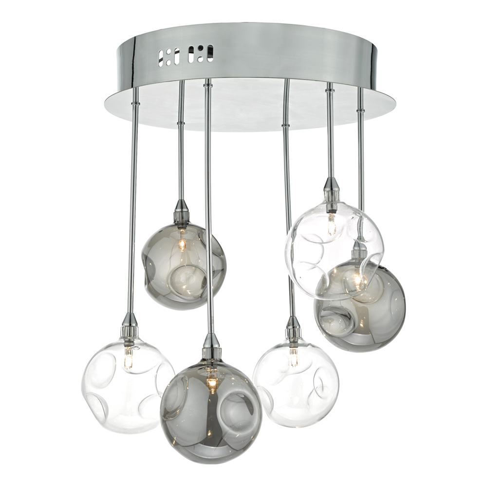 Dar Quinn Semi Flush 6 Light Smoked & Clear Glass Polished Chrome