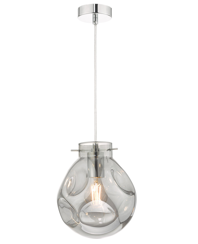 Dar Quinn Smoked Glass Single Kitchen Ceiling Pendant Light Chrome