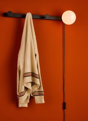 Dar Rack plug-in wall light with coat rack in matt black with opal glass shade roomset