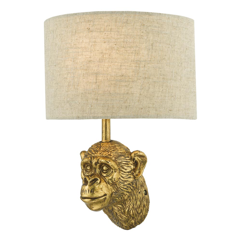 Dar Raul Monkey 1 Lamp Wall Light Gold Finish Natural Linen Shade