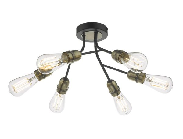 Dar Remy 6 Lamp Semi Flush Low Ceiling Light Black & Antique Brass