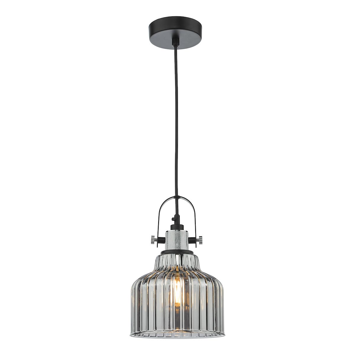 Dar Rhode Chrome Industrial 1 Light Small Ceiling Pendant Smoked Glass