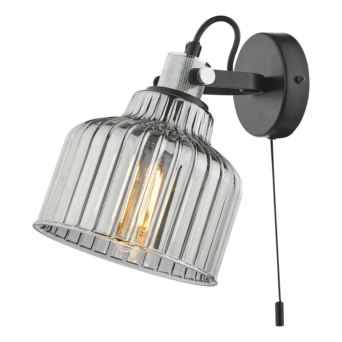 Dar Rhode Chrome Industrial 1 Light Switched Wall Lamp Smoked Glass