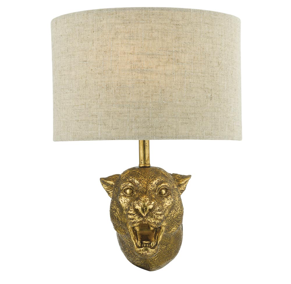 Dar Ruri Leopard 1 Lamp Wall Light Gold Finish Natural Linen Shade