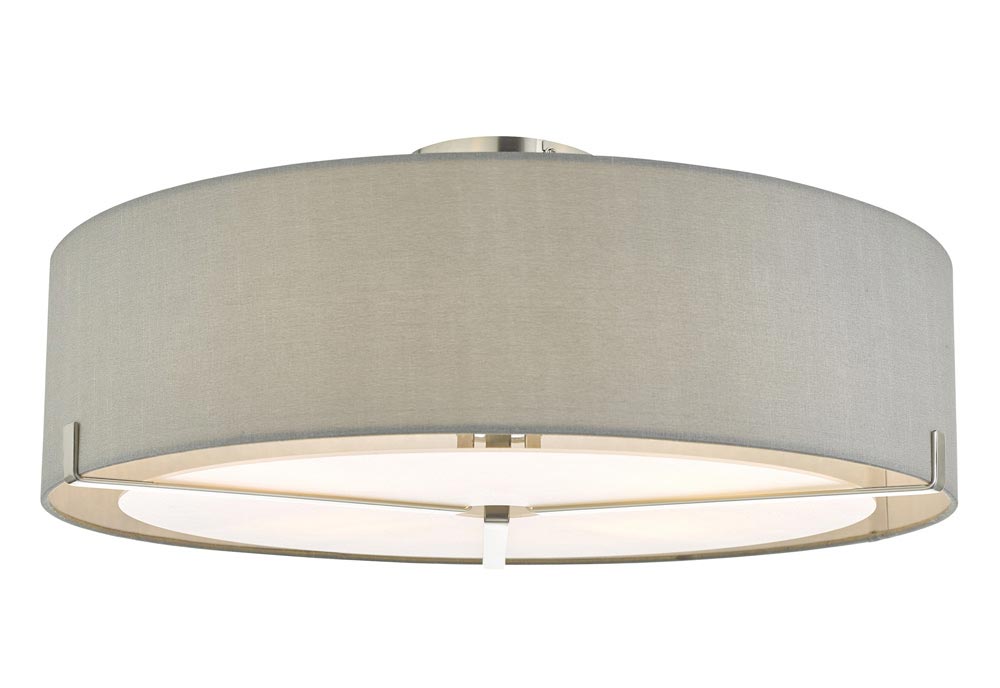 Dar Santino 3 Lamp Flush Low Ceiling Light Grey Shade Satin Chrome