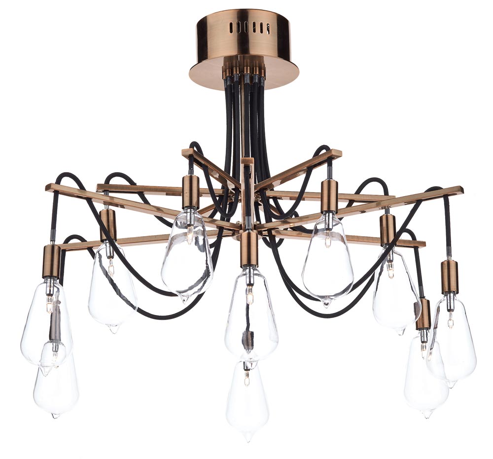 Dar Scroll Industrial 6 Lamp Semi Flush Low Ceiling Light Antique Copper