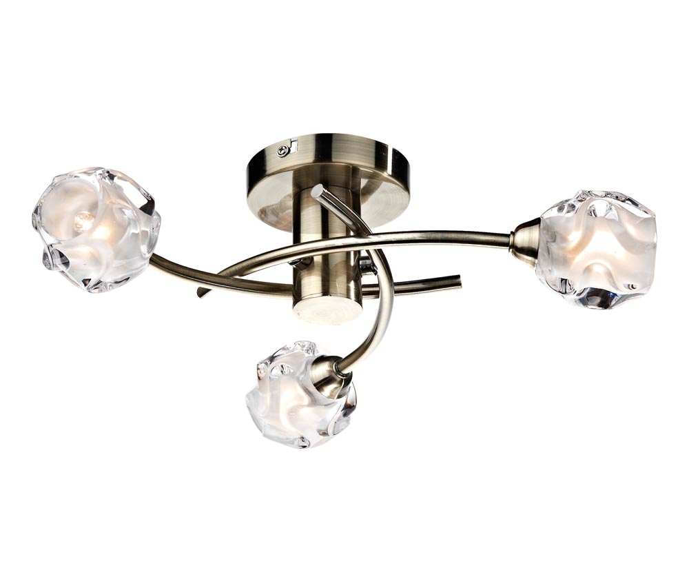 Dar Seattle Small 3 Lamp Semi Flush Low Ceiling Light Antique Brass