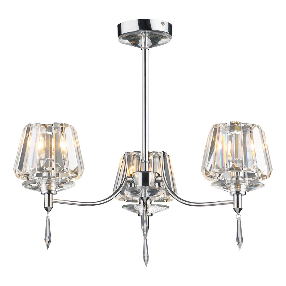 Dar Selina Chrome 3 Light Semi Flush Low Ceiling Light Crystal Shades