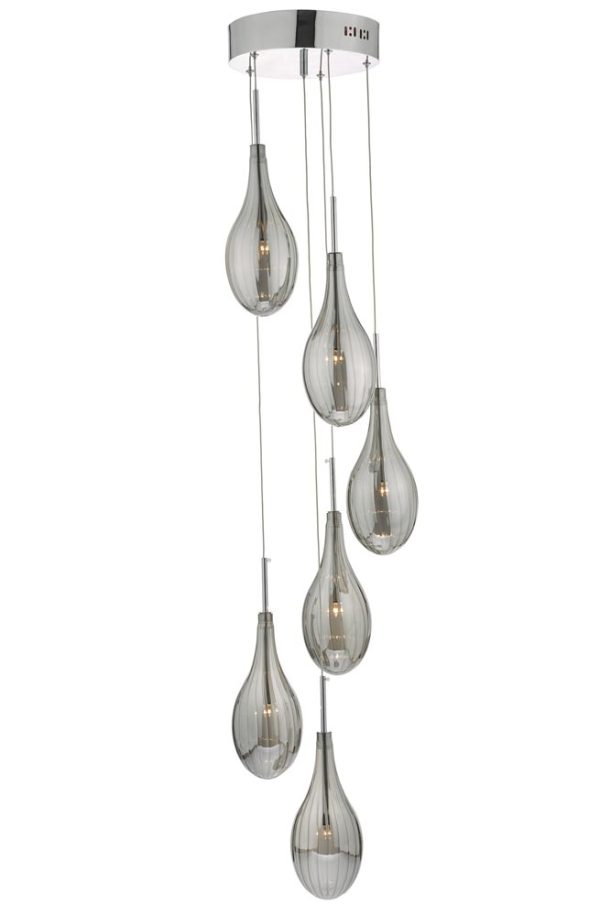 Seta 6 light cluster ceiling pendant in chrome & ribbed smoked glass main image