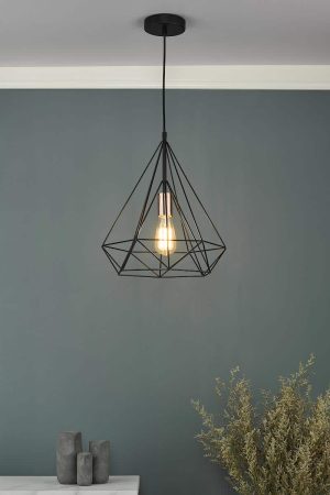 Dar Sword geometric cage 1 light ceiling pendant in matt black with copper roomset