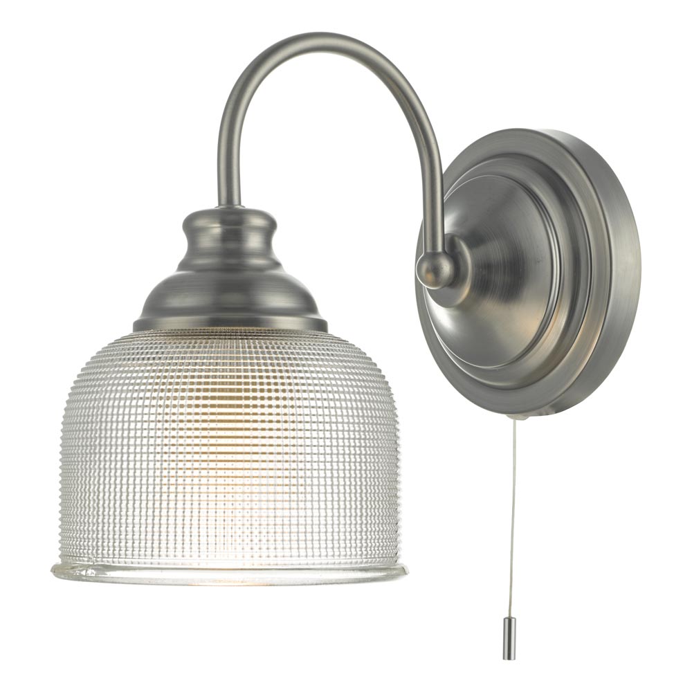 Dar Tack Industrial 1 Lamp Switched Wall Light Prismatic Glass Matt Nickel